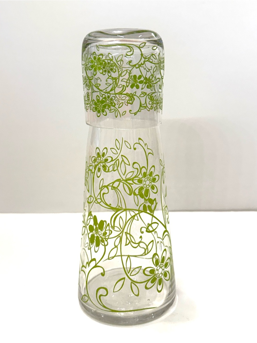 Vintage Green Floral Bedside Water Carafe & Glass Decanter Set - 1970s